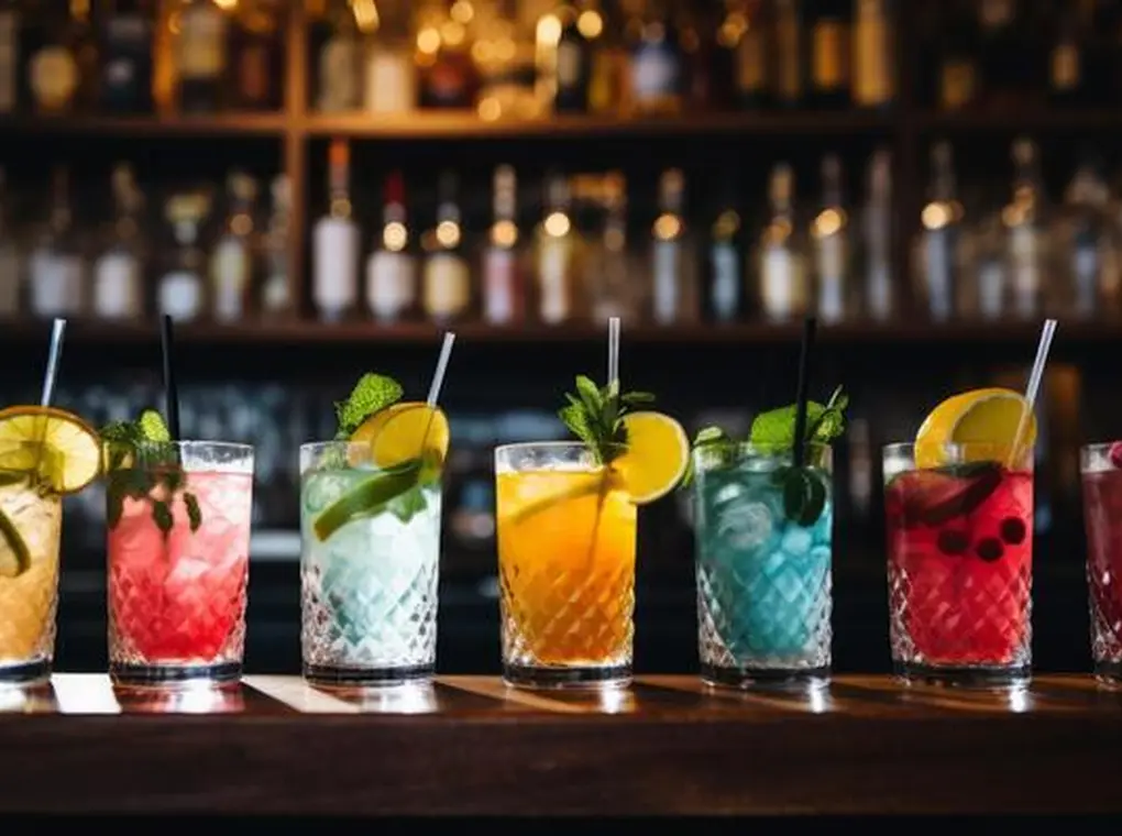 Ai generated cocktails in a row at a busy bar photo