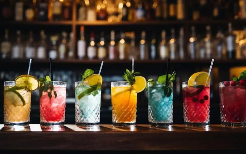 Ai generated cocktails in a row at a busy bar photo