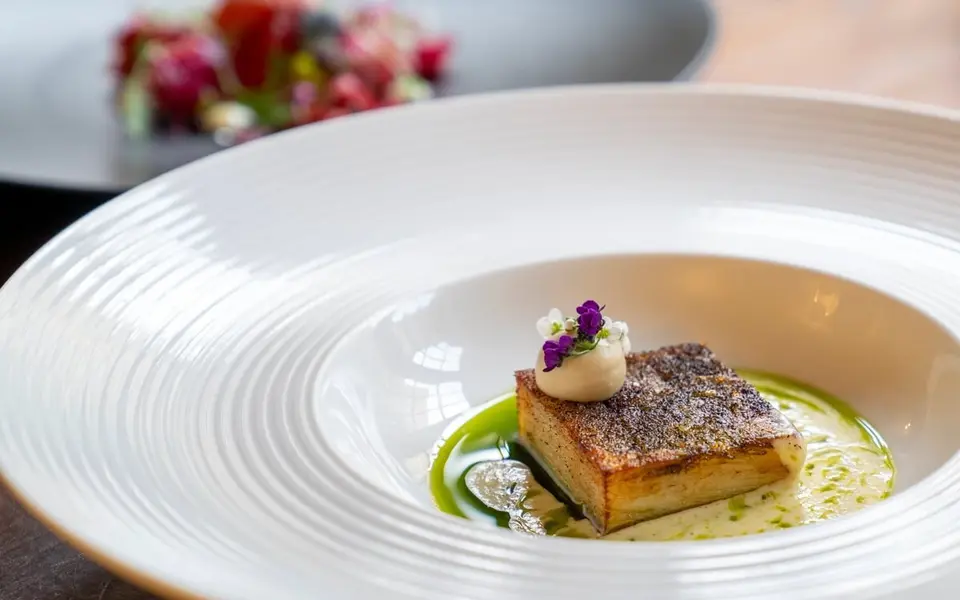 Boringdon Hall Mayflower Charred leek and potato mille feuille Medium